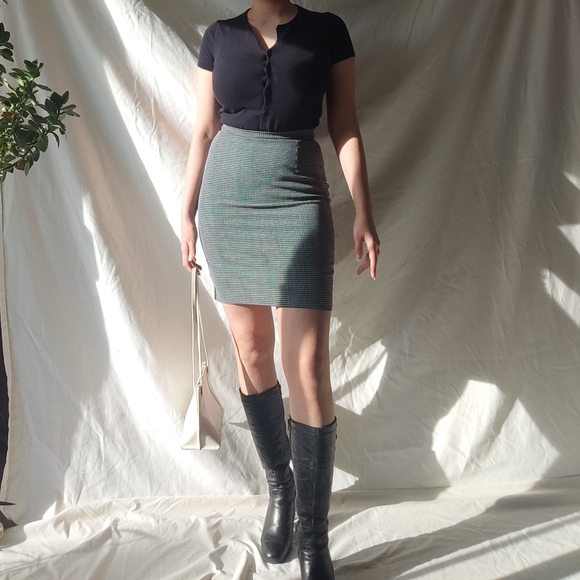 Vintage French Square Grid Pattern Black and White Pencil Skirt - Picture 1 of 6